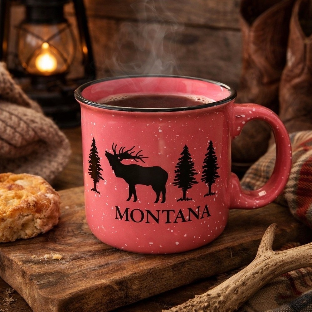 Montana Elk Bear Trees Camper Mug Pink Speckled Coffee Cup‎ Cabin Rustic Decor